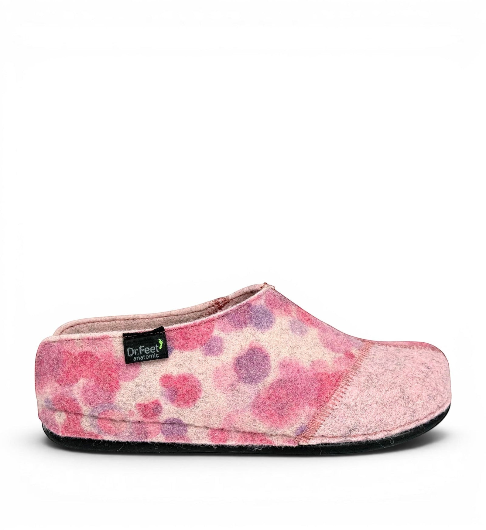 House of Florian Hilda Pink Bubble felt slippers with a pink and purple spotted pattern and black rubber sole.