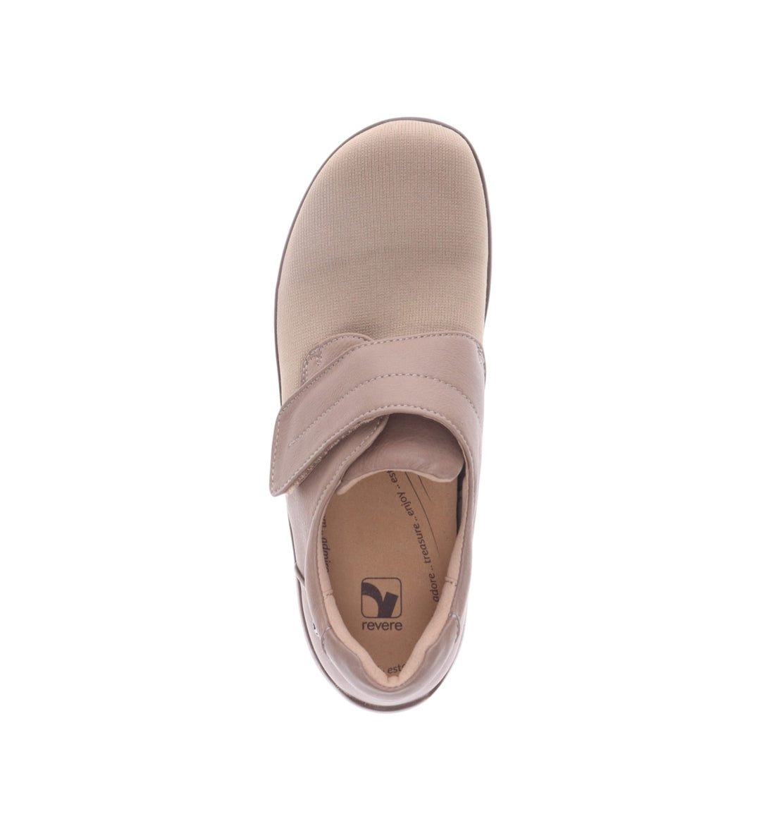 House of Florian REVERE Porto W Taupe leather and flyknit shoe with adjustable strap and arch support.