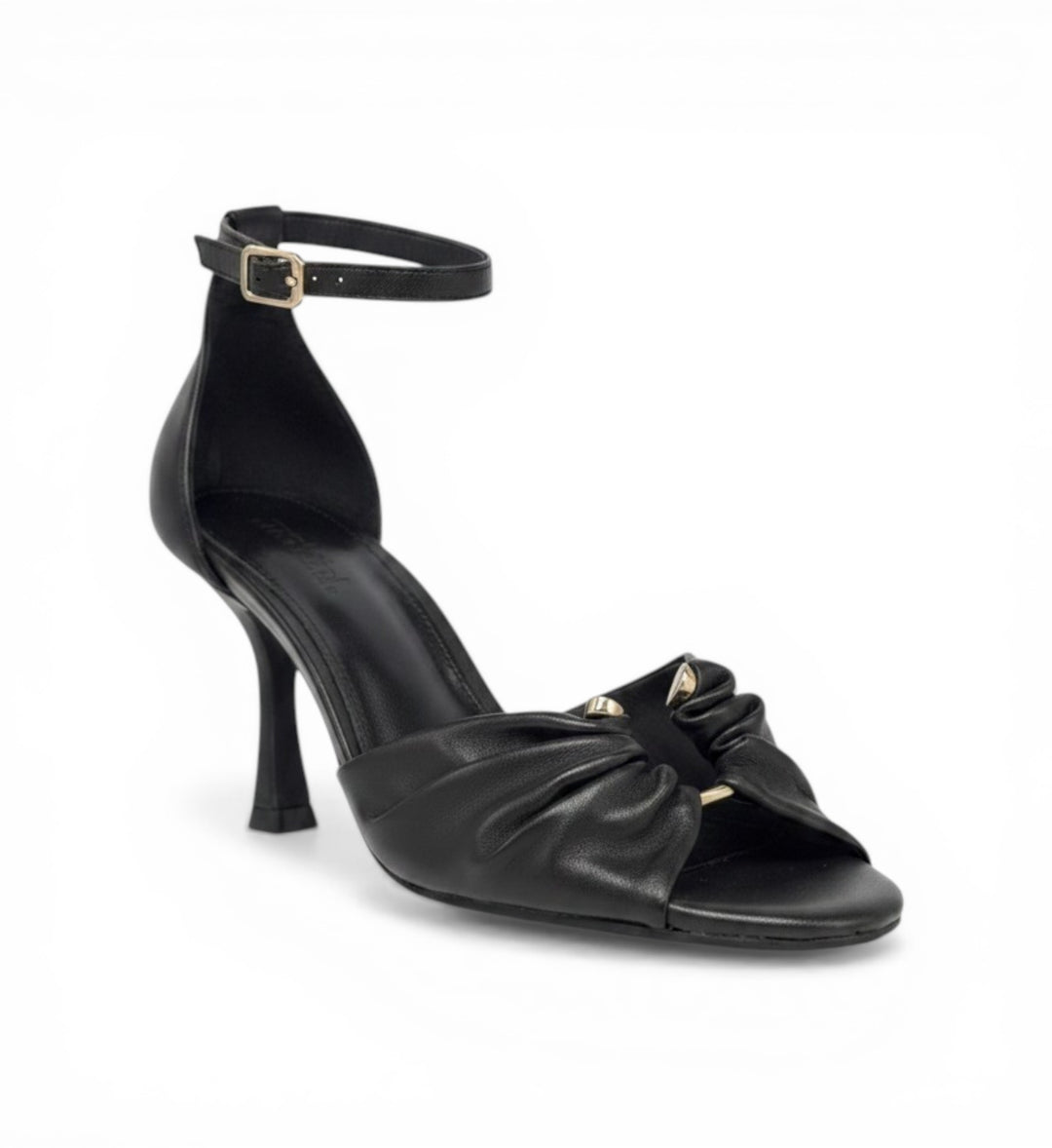 House of Florian Posy Black leather heels with ankle strap and ruched toe detail.