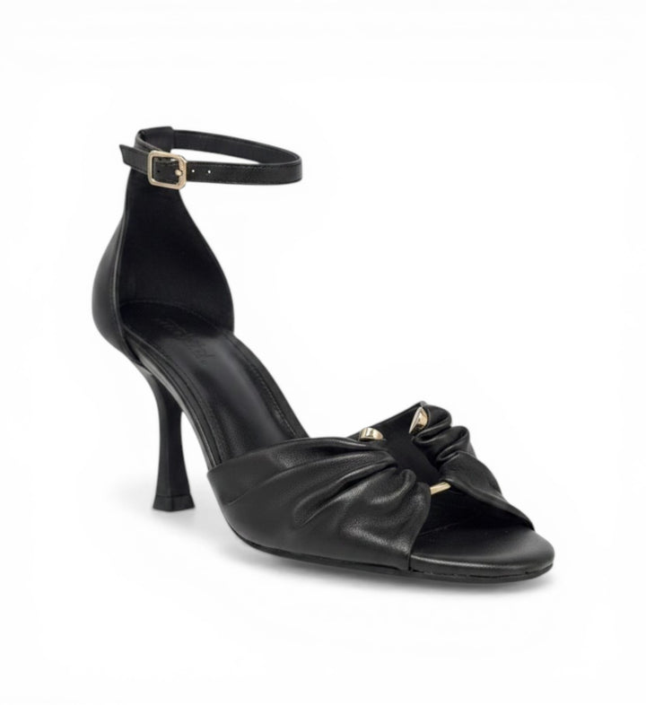 House of Florian Posy Black leather heels with ankle strap and ruched toe detail.