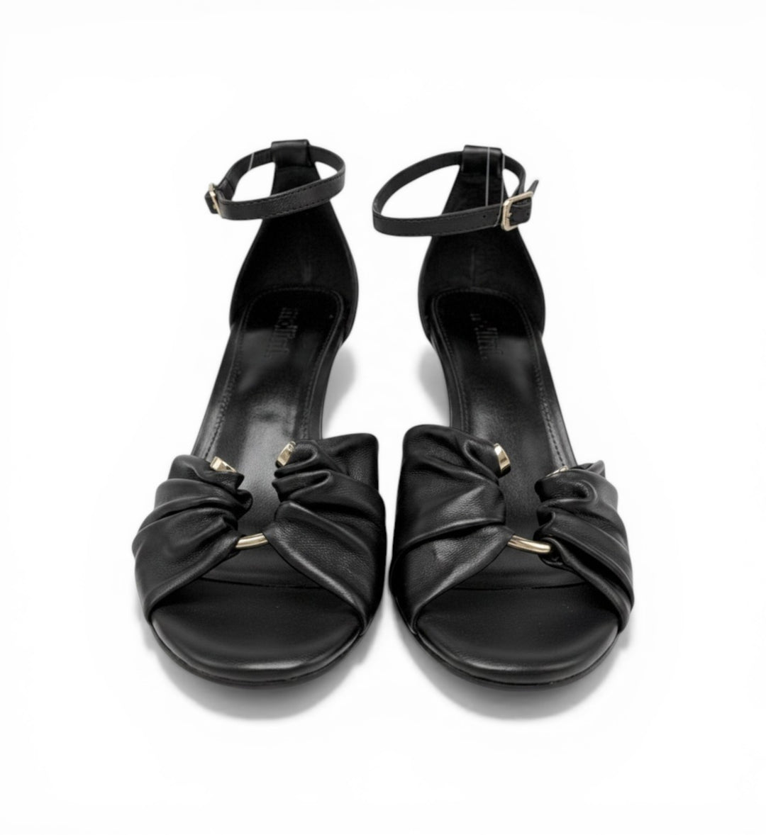 House of Florian Posy Black leather sandals with ankle strap and ruched toe detail with gold hardware.