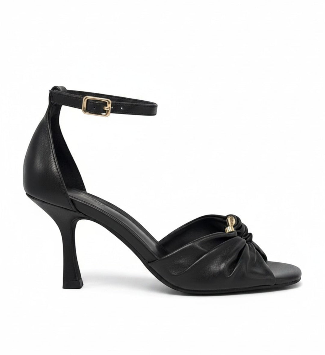 House of Florian Posy Black ruched leather heeled sandals with ankle strap and gold buckle detail.