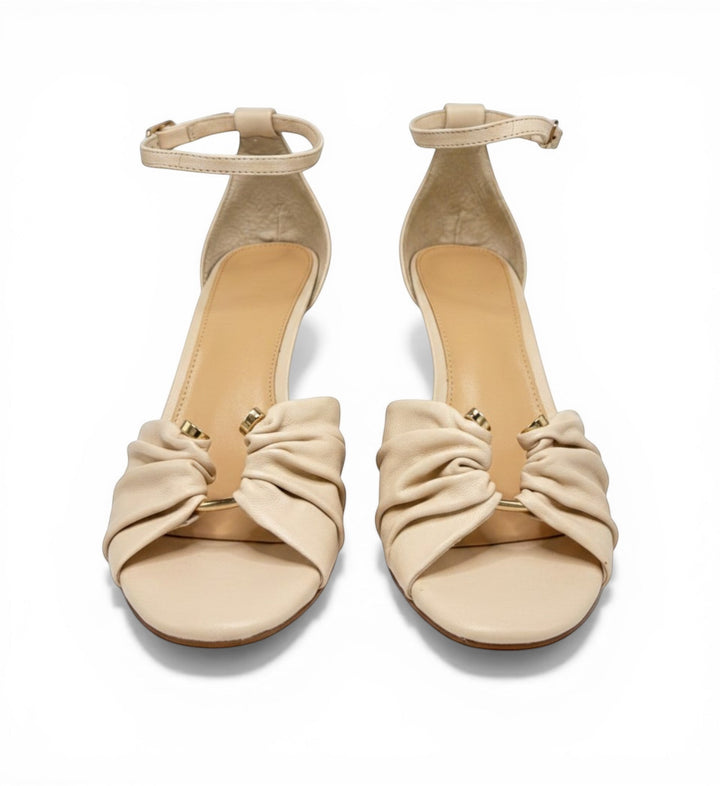 House of Florian Posy Vanilla beige leather sandals with ruched detail and ankle strap.