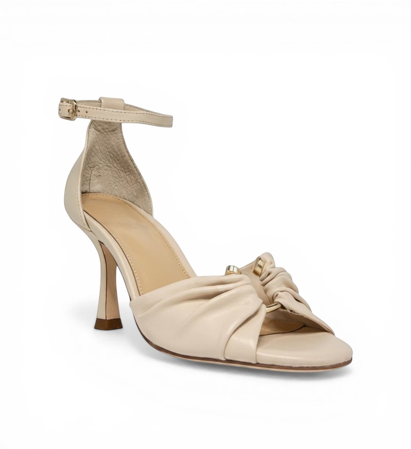 House of Florian Posy Vanilla cream leather ruched knot heeled sandals with ankle strap.