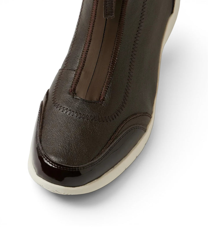 House of Florian Prinka XW Choc dark brown leather sneaker with front zipper closure and patent leather toe cap