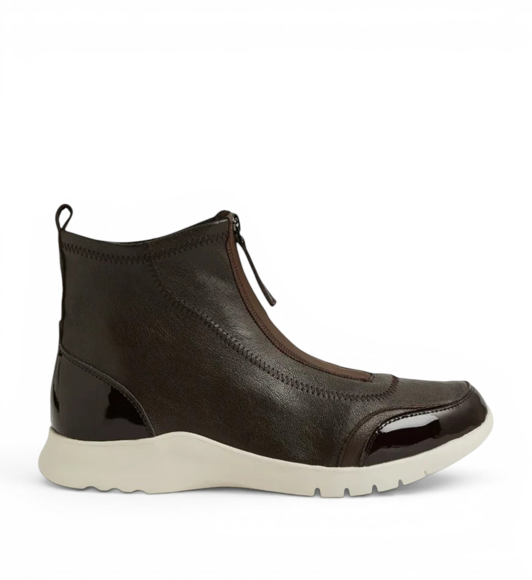 House of Florian Prinka XW Choc ankle boot in dark brown leather with patent accents and a front zip closure.