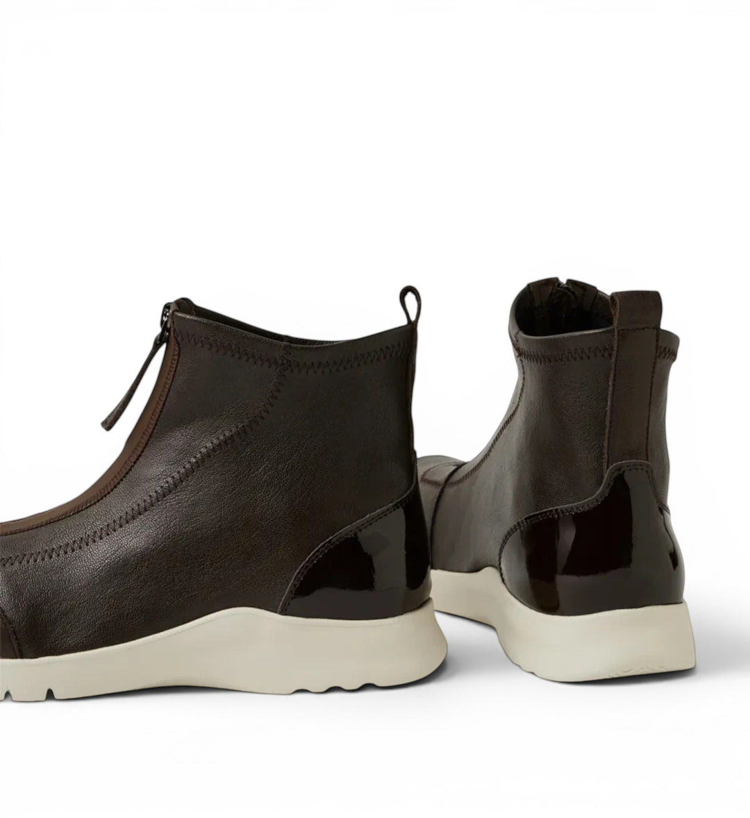 House of Florian Prinka XW chocolate brown ankle boots with front zip closure and white rubber sole