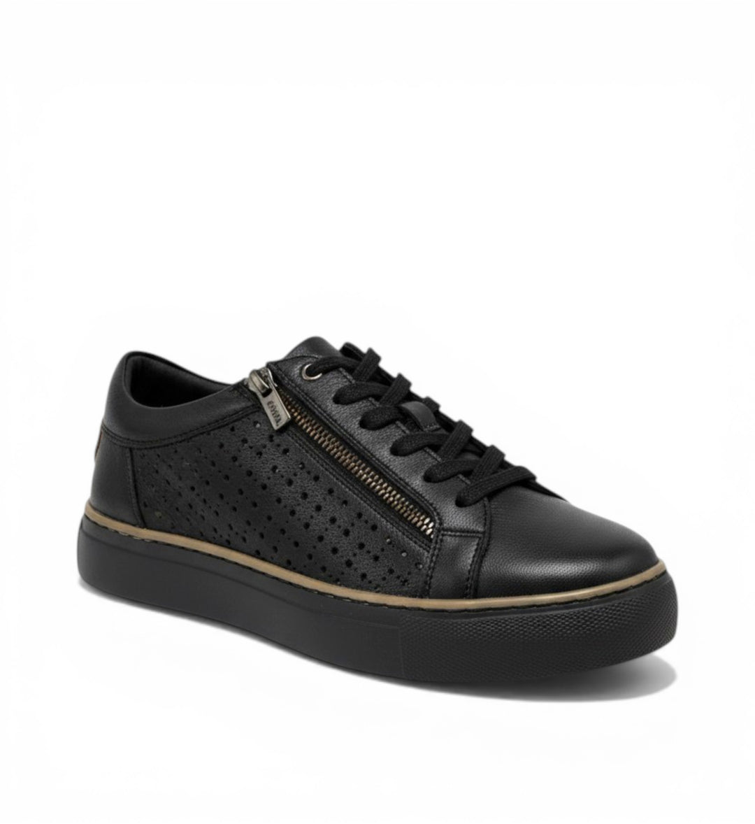 House of Florian Proya XF black leather sneakers with side zipper and perforated detail.