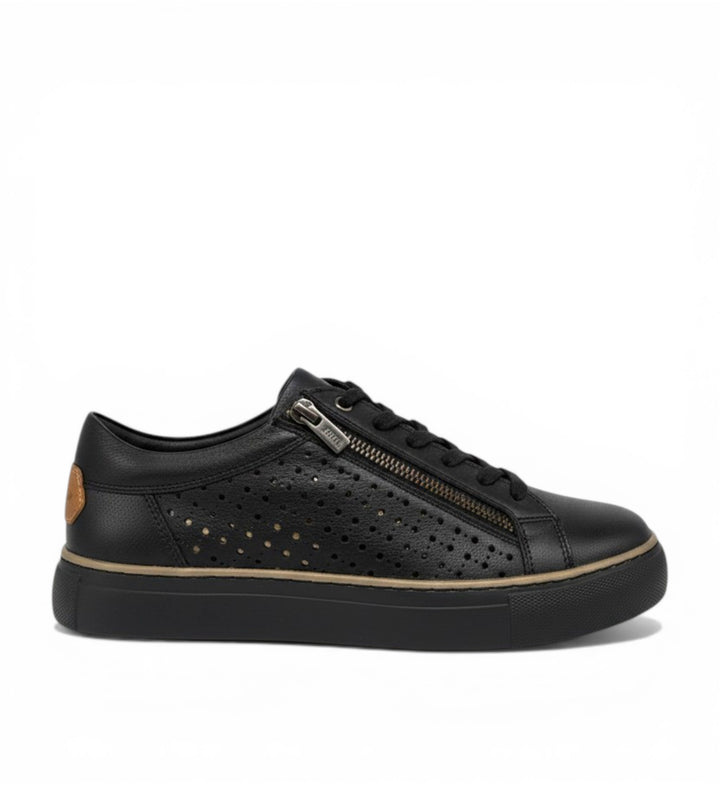 House of Florian Proya XF black leather sneakers with side zipper and perforated details.