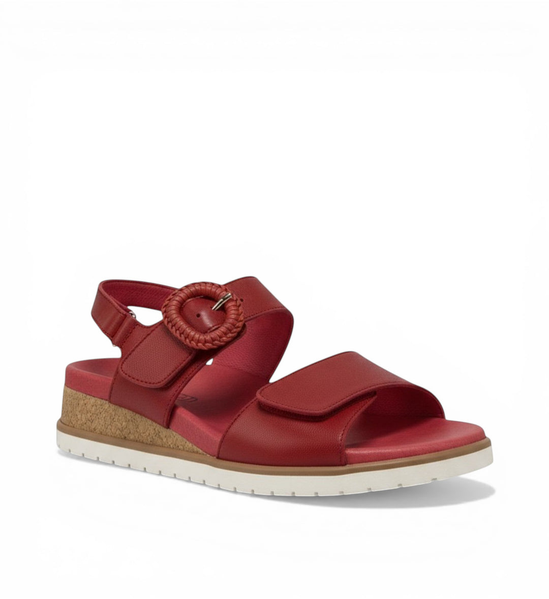 House of Florian red leather sandals with adjustable straps and decorative buckle detail.