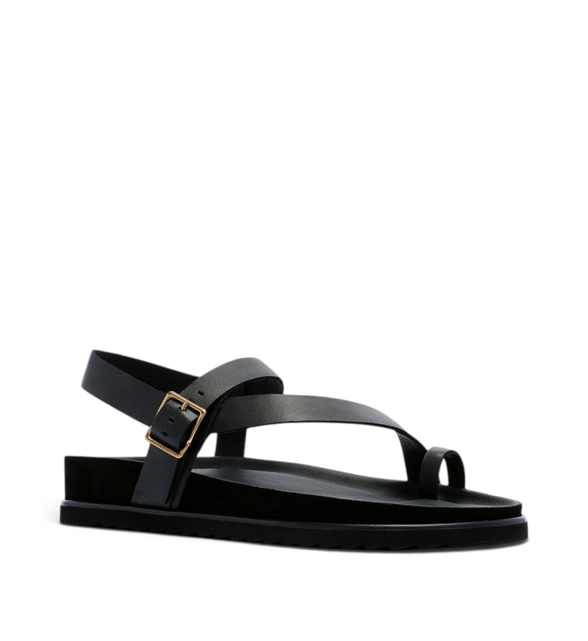 House of Florian Ren black leather toe-loop sandal with an adjustable ankle strap and gold-tone buckle