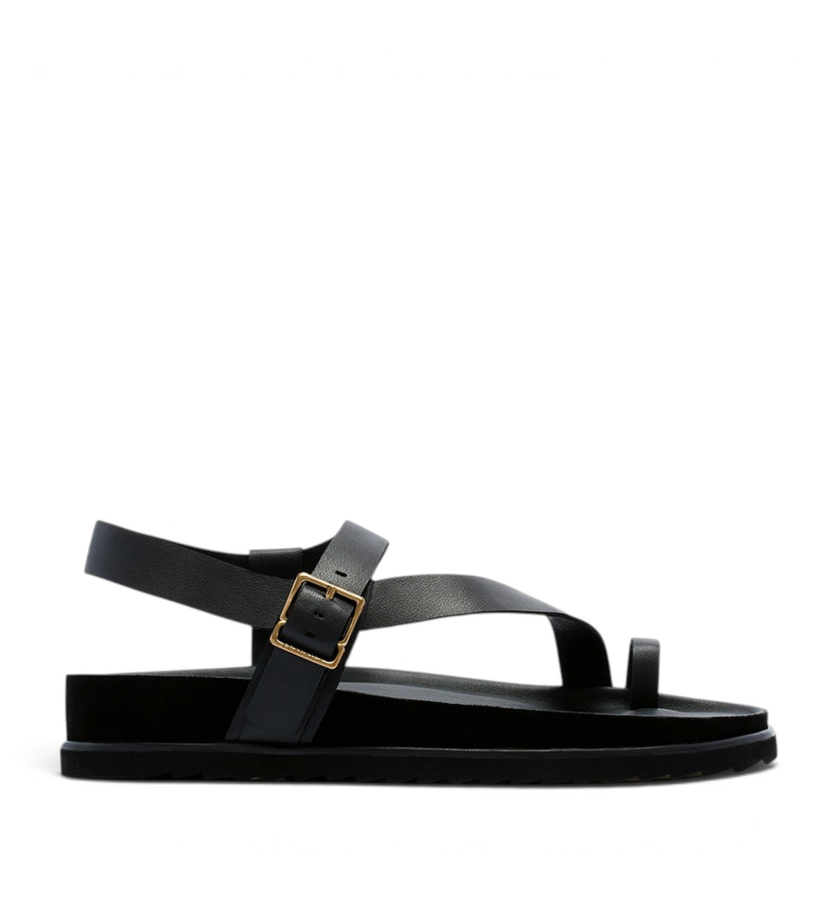 House of Florian Ren Black leather toe-loop sandals with an adjustable gold buckle strap and a flat black sole.