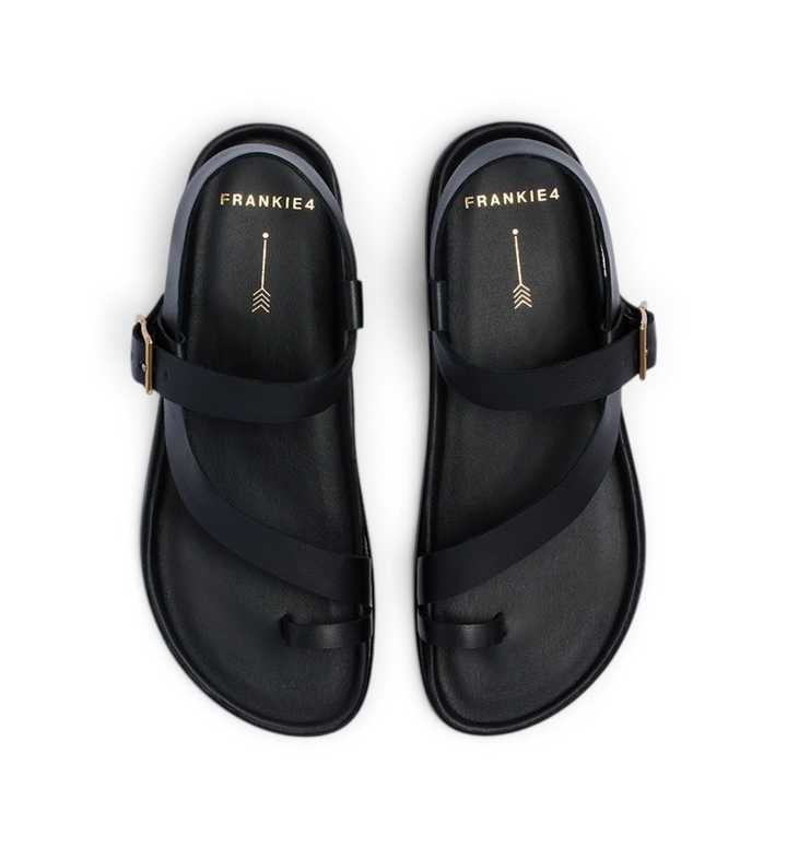 House of Florian Ren black leather toe-post sandals with adjustable ankle straps and gold-tone buckles