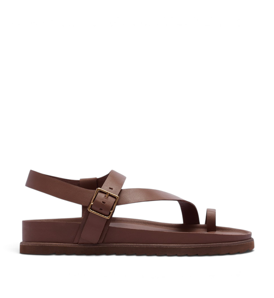House of Florian Ren Cinnamon brown leather toe-loop sandals with an adjustable gold buckle strap