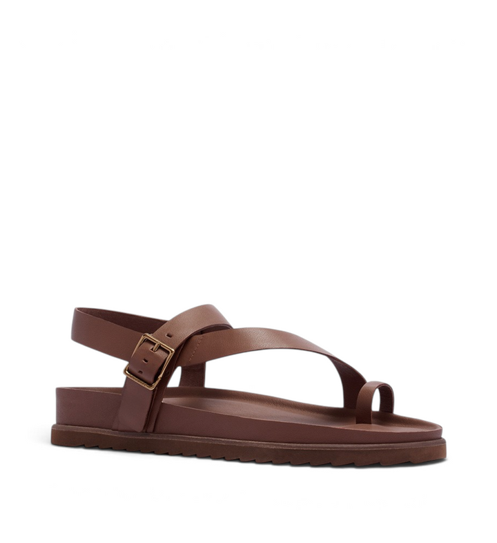 House of Florian Ren Cinnamon brown leather toe-loop sandals with an adjustable ankle strap and flat sole