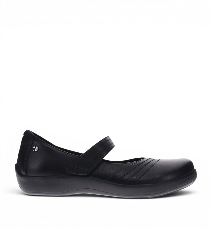 House of Florian REVERE Timaru W Black French mary jane shoe with neoprene panels and adjustable strap for comfort.