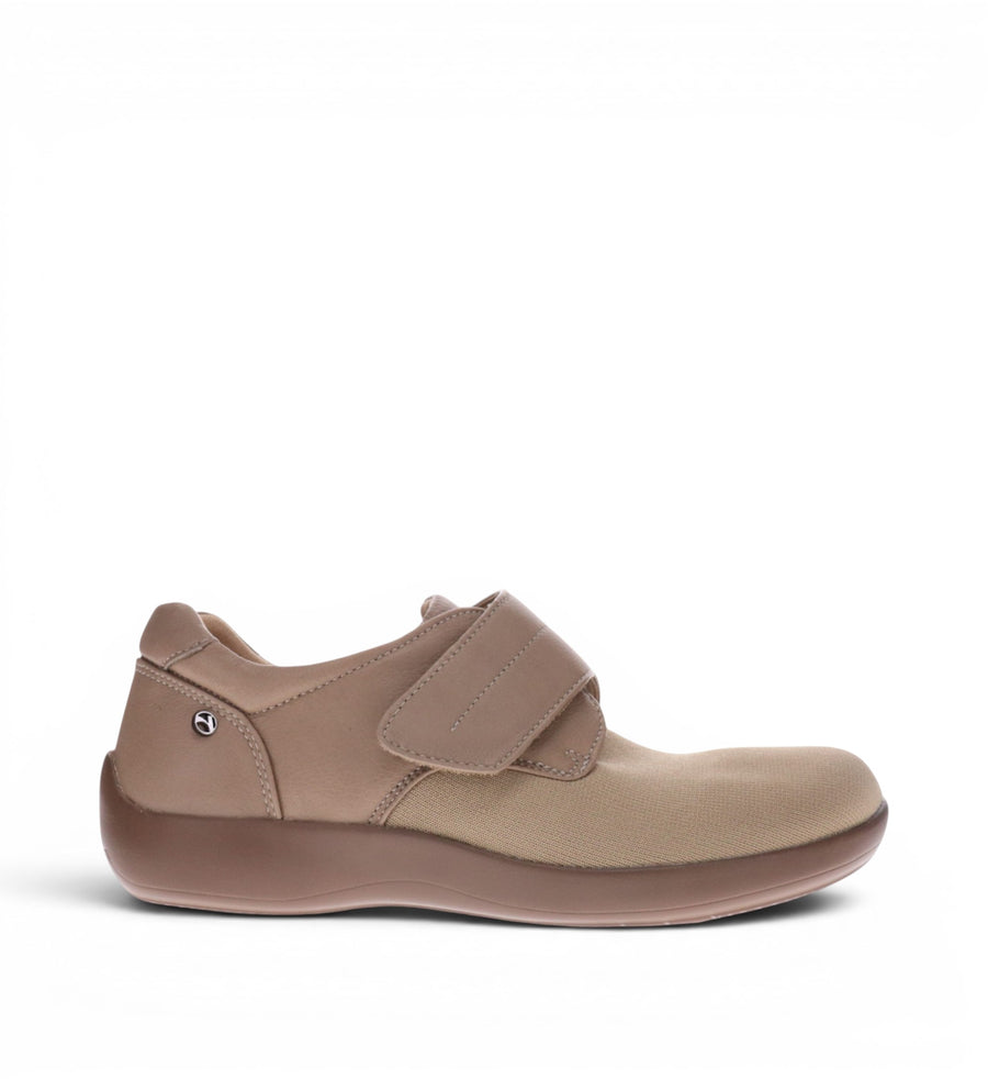 House of Florian REVERE Porto W Taupe leather and flyknit shoe with adjustable strap and arch support.