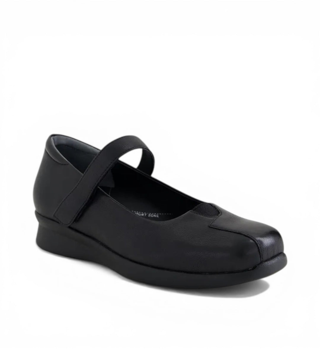 House of Florian Rhapsody W Black leather Mary Jane shoes with adjustable strap and comfort sole.