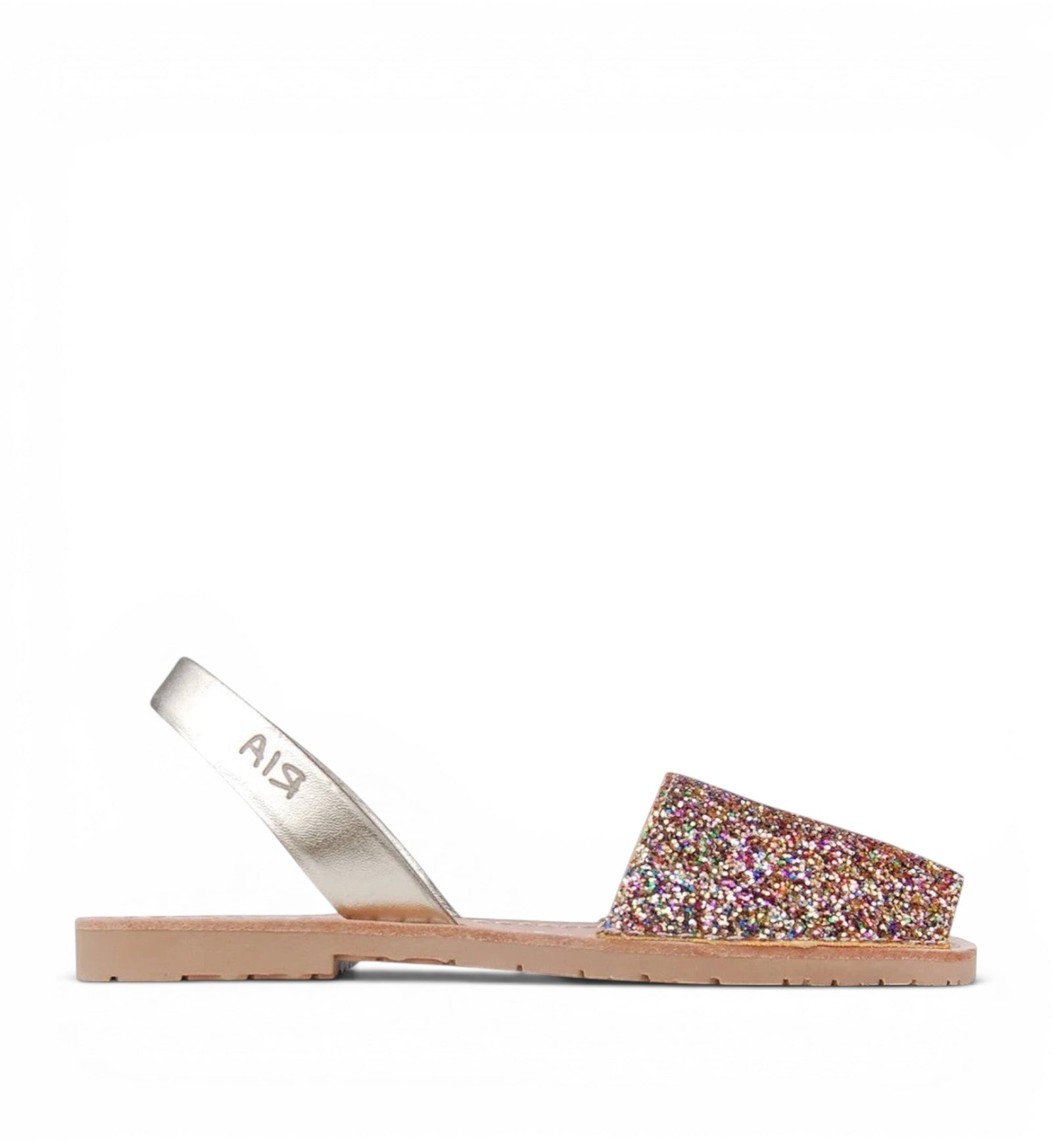House of Florian Joan Avarcas Glitter Sandals Confetti with gold strap and multi-colored glitter.