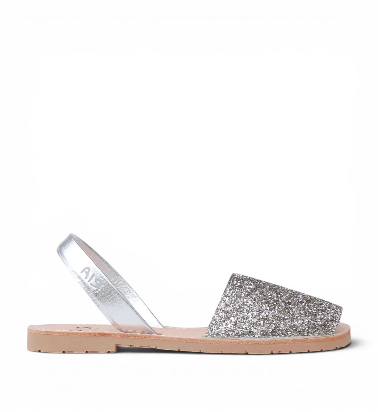 House of Florian Joan Avarcas glitter sandals in pewter with a slingback strap and open toe.