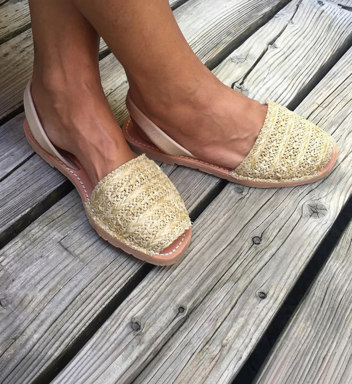 House of Florian Roba Avarcas sandals in natural grass weave with a beige slingback strap.
