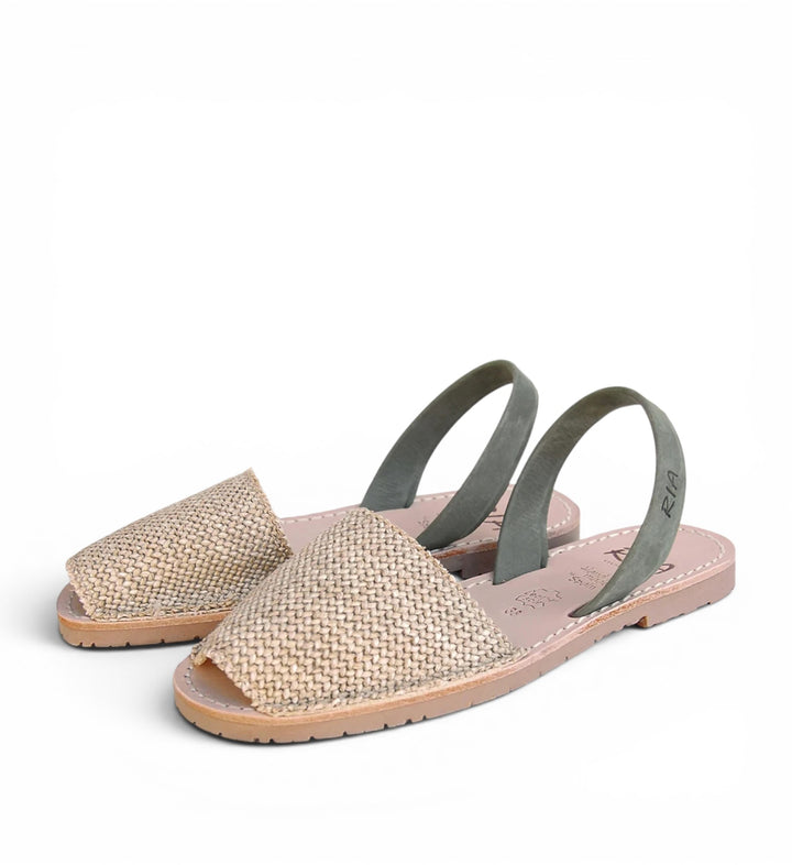 House of Florian Roba Avarcas sandals with woven natural raffia toe and sage green leather slingback strap.