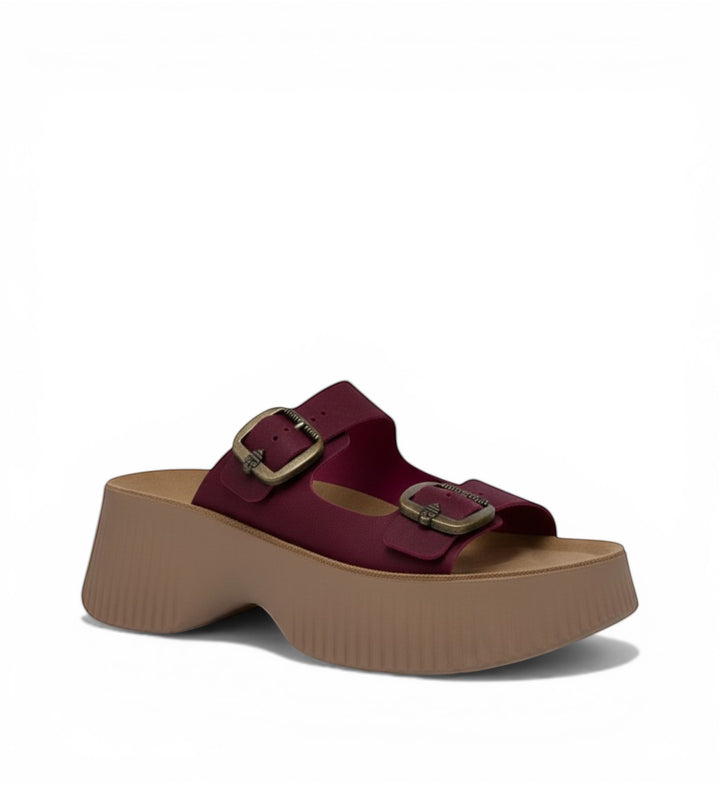 House of Florian Rochelle Chianti burgundy platform slide sandals with double buckle straps and tan sole.