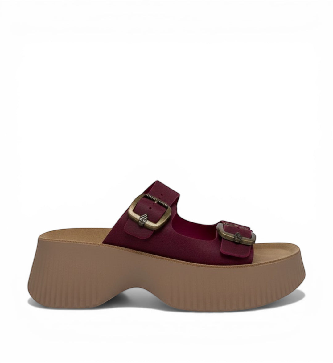 House of Florian Rochelle Chianti burgundy platform sandals with double buckle straps and tan sole.