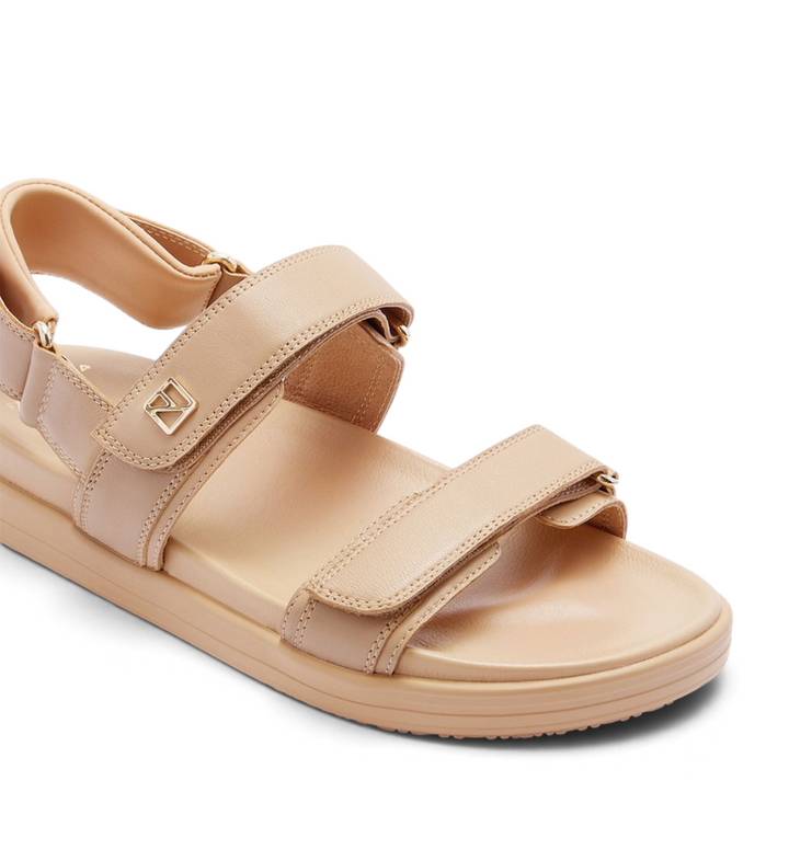 House of Florian Rome Camel sandals featuring beige leather straps, adjustable velcro closures, and gold logo detail.