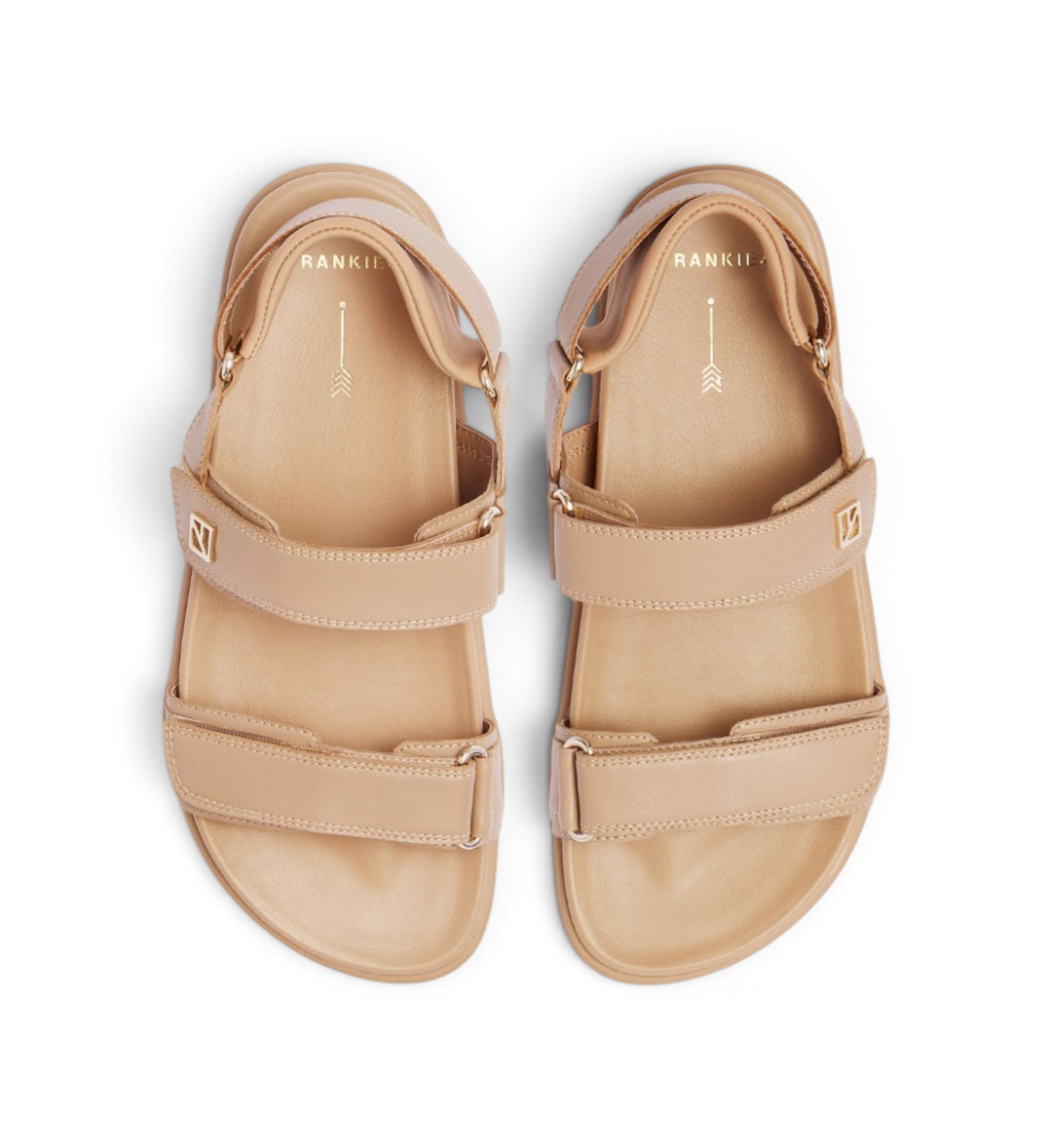 House of Florian Rome Camel sandals featuring adjustable straps and gold-tone hardware in a neutral beige finish.