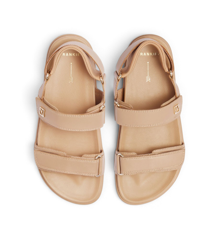 House of Florian Rome Camel sandals featuring adjustable straps and gold-tone hardware in a neutral beige finish.