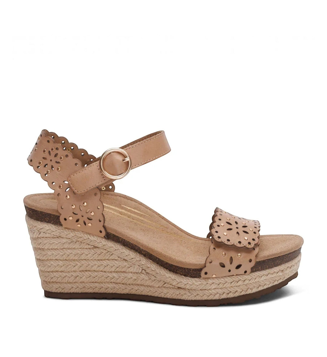House of Florian Sydney sand espadrille wedge sandal with laser-cut floral details and an adjustable ankle strap.