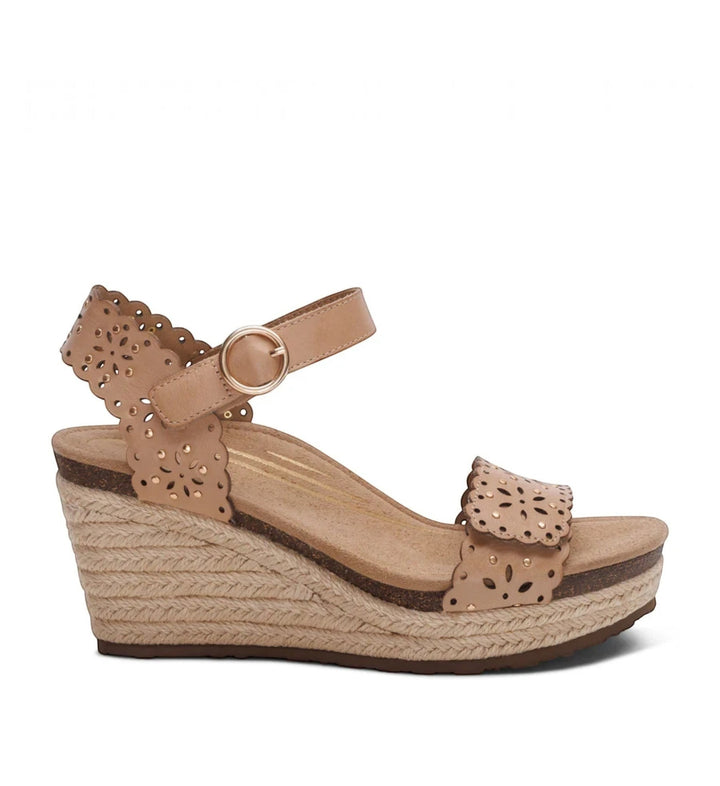 House of Florian Sydney sand espadrille wedge sandal with laser-cut floral details and an adjustable ankle strap.