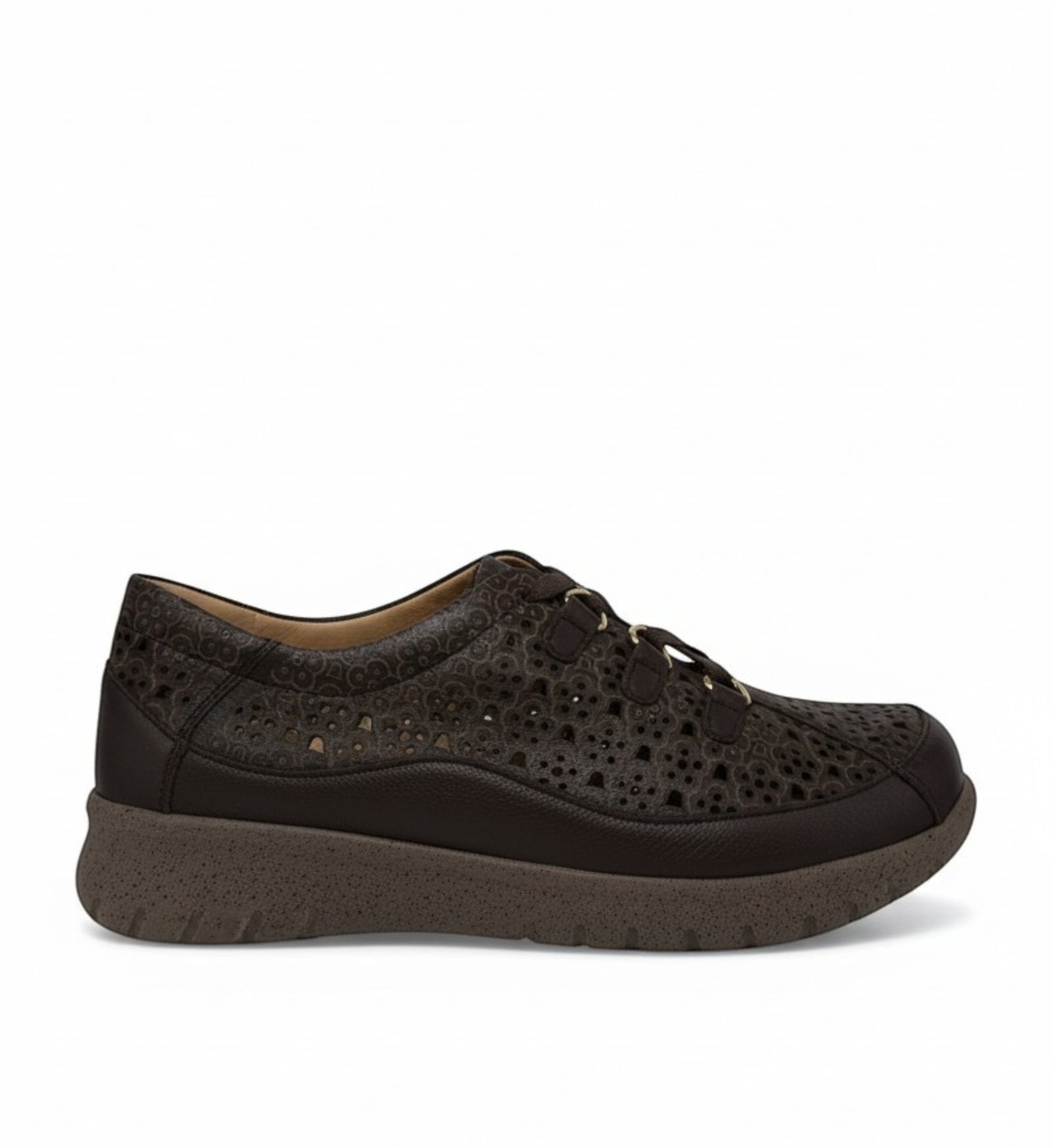 House of Florian Sarmi XF Choc women's dark brown leather perforated lace-up shoes with a textured sole.