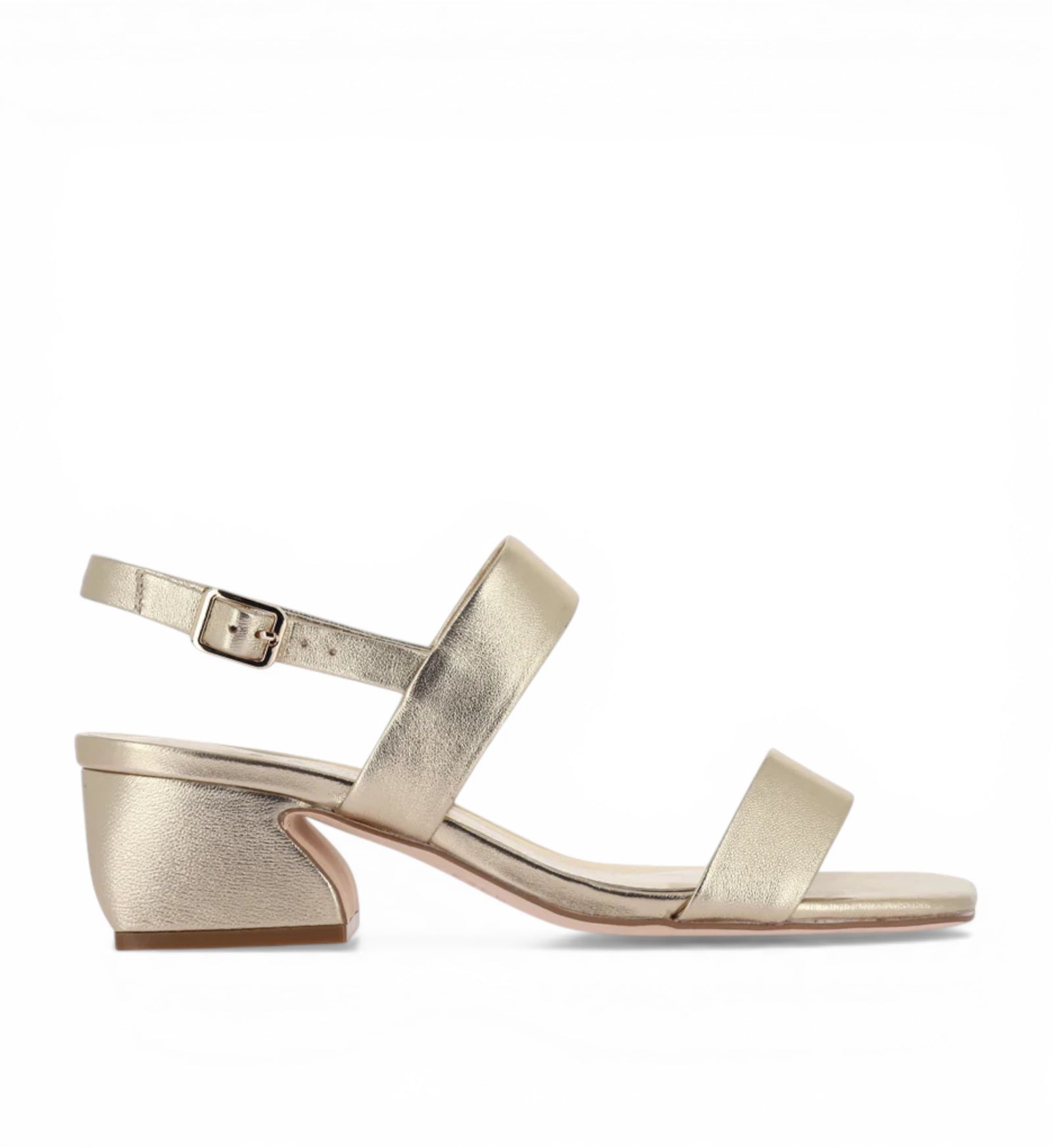 House of Florian Shaney Gold block heel sandals with ankle strap and two front straps, made of metallic leather.