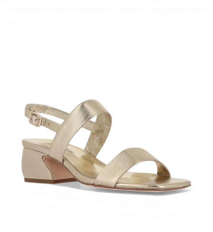 House of Florian Shaney Gold metallic leather block heel sandals with ankle strap.
