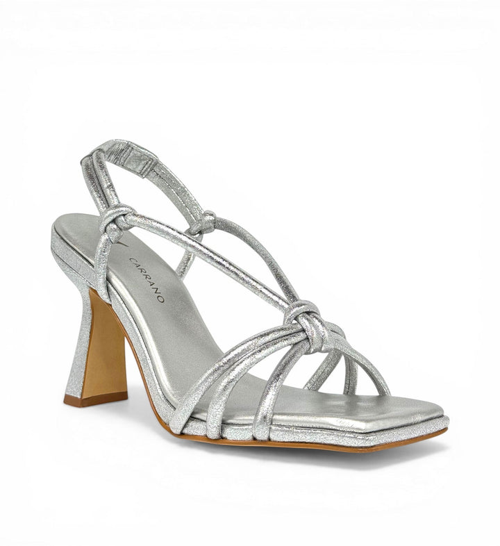 House of Florian silver metallic strappy square-toe heeled sandals with knot detail and slingback strap.