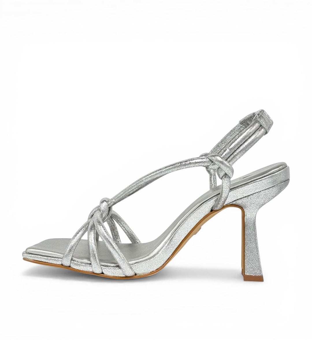 House of Florian silver metallic strappy square-toe heeled sandals with knotted detail and slingback strap.