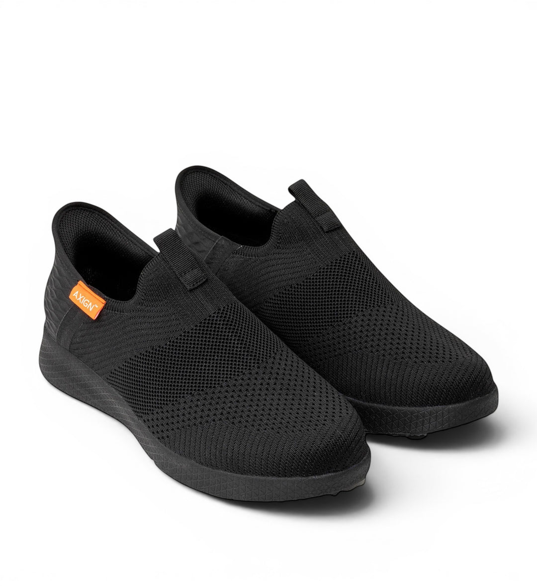 House of Florian Slipstream lightweight black knit slip-on sneakers with elastic side panels and pull tabs.