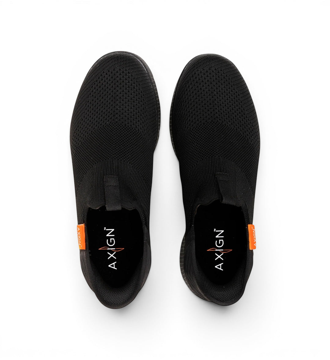 House of Florian Slipstream Lightweight Slip-On shoes in black knit fabric with a flexible sole and orange accent tag.