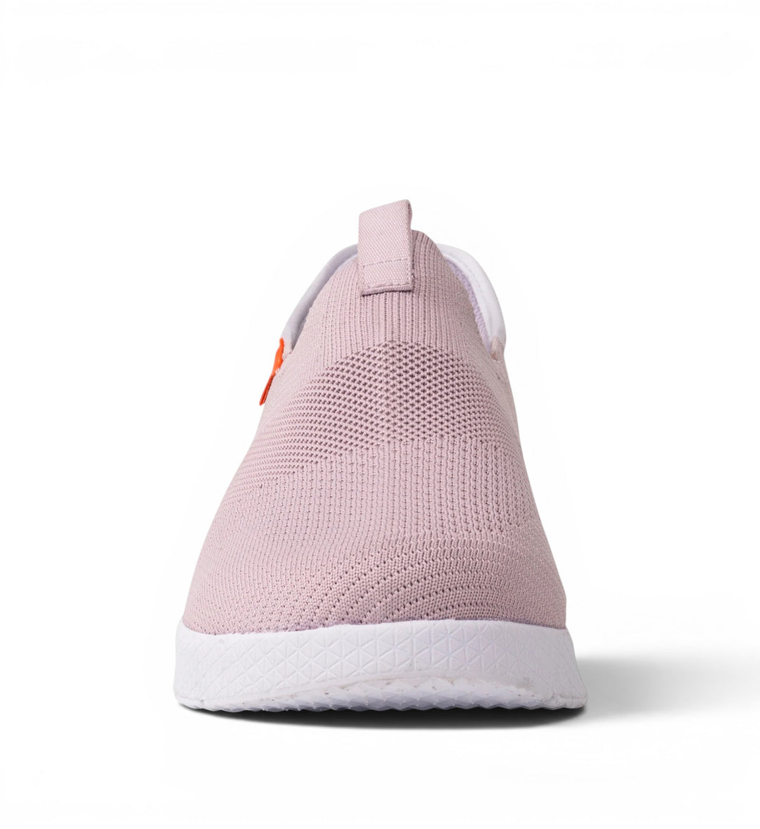 House of Florian Slipstream Lightweight Slip-On pink knit sneakers with white soles and orange pull tab.