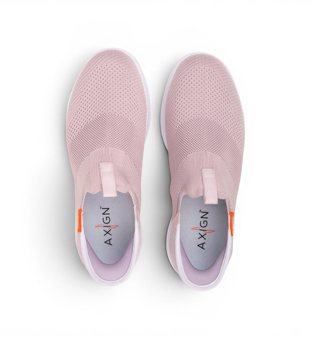 House of Florian Slipstream lightweight slip-on sneakers in pink knit with white soles and orange accents.
