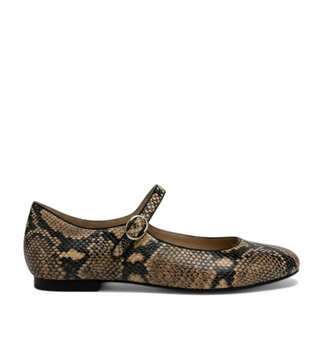 House of Florian Chimi XW black and caramel snake print leather Mary Jane flats with buckle strap.