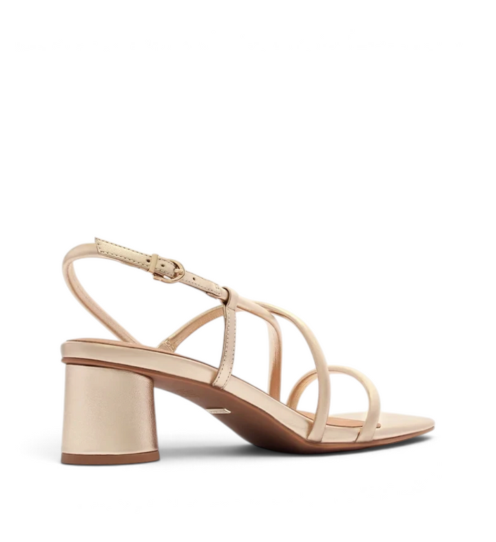 House of Florian Lottie soft gold strappy block heel sandals with an adjustable slingback strap