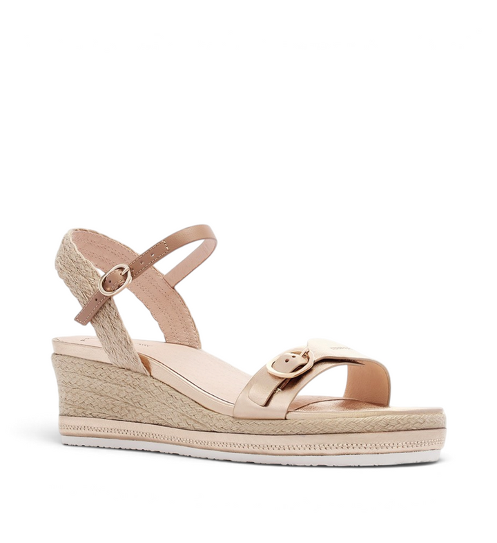 House of Florian Halle soft gold tumbled leather wedge sandal with an espadrille-style sole and adjustable buckle