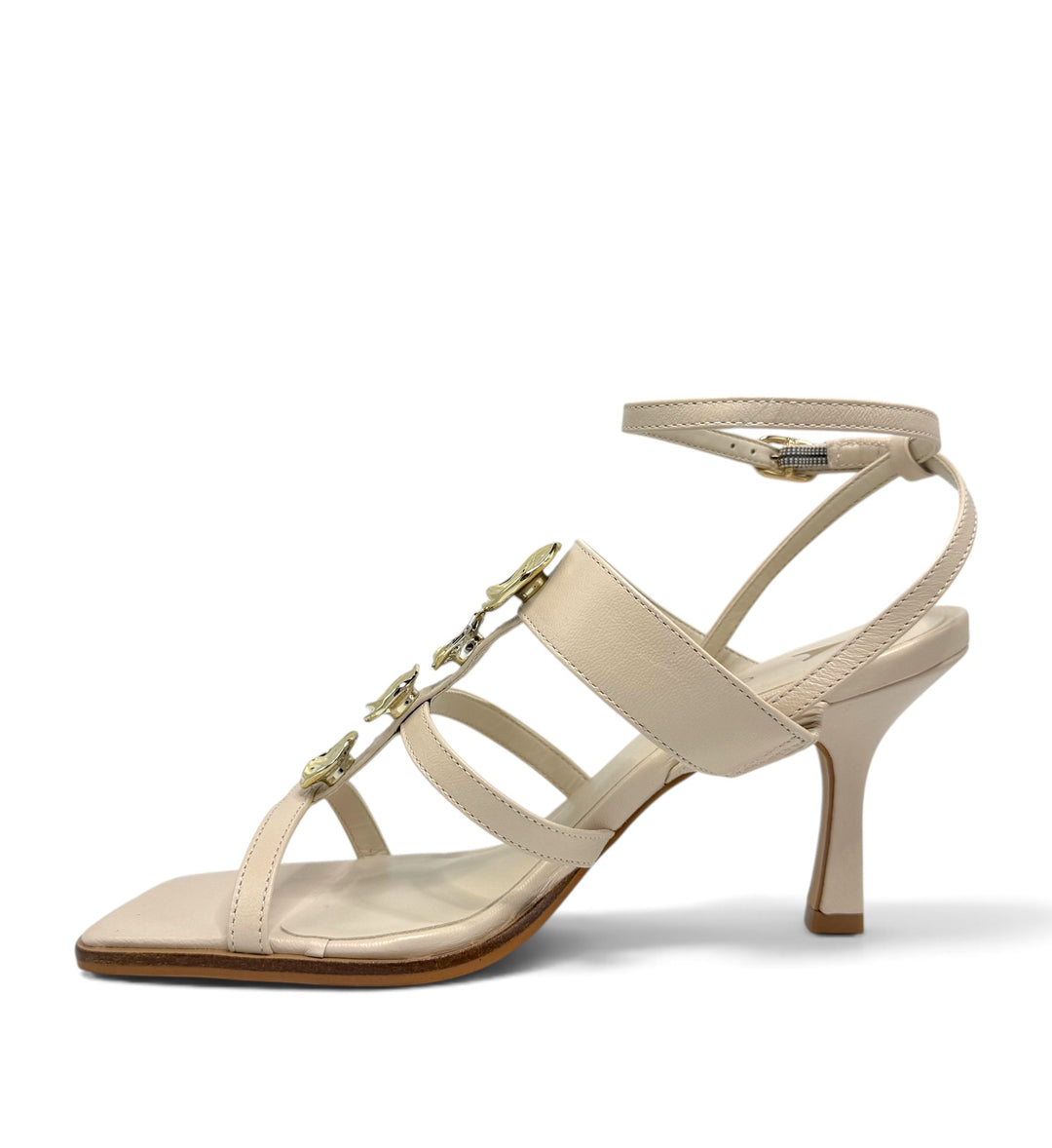 House of Florian 778009 Soft Latte strappy heeled sandal with gold-tone embellishments and an ankle strap