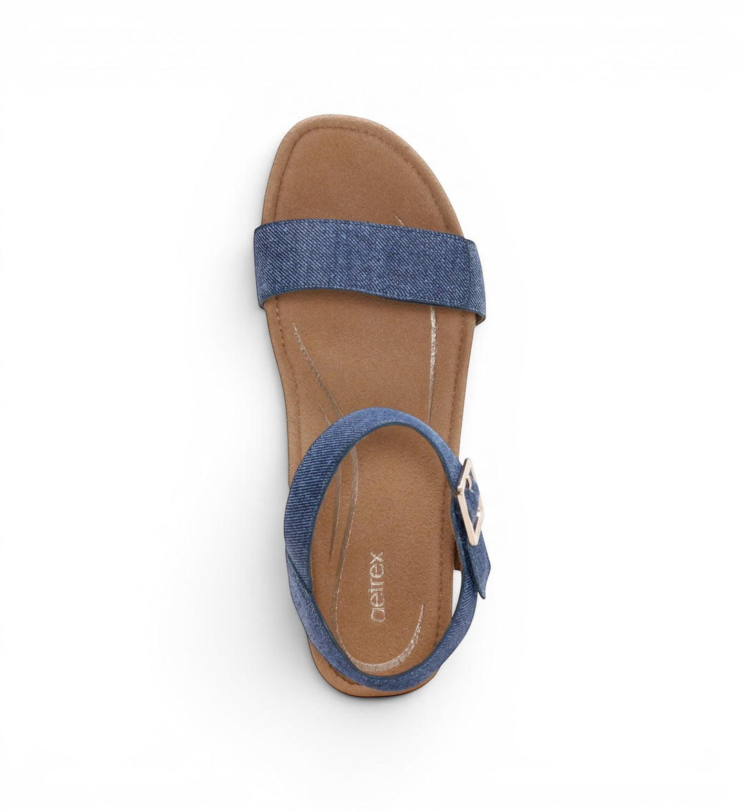 House of Florian Sydney Denim flat sandal with blue denim straps and a comfortable tan footbed