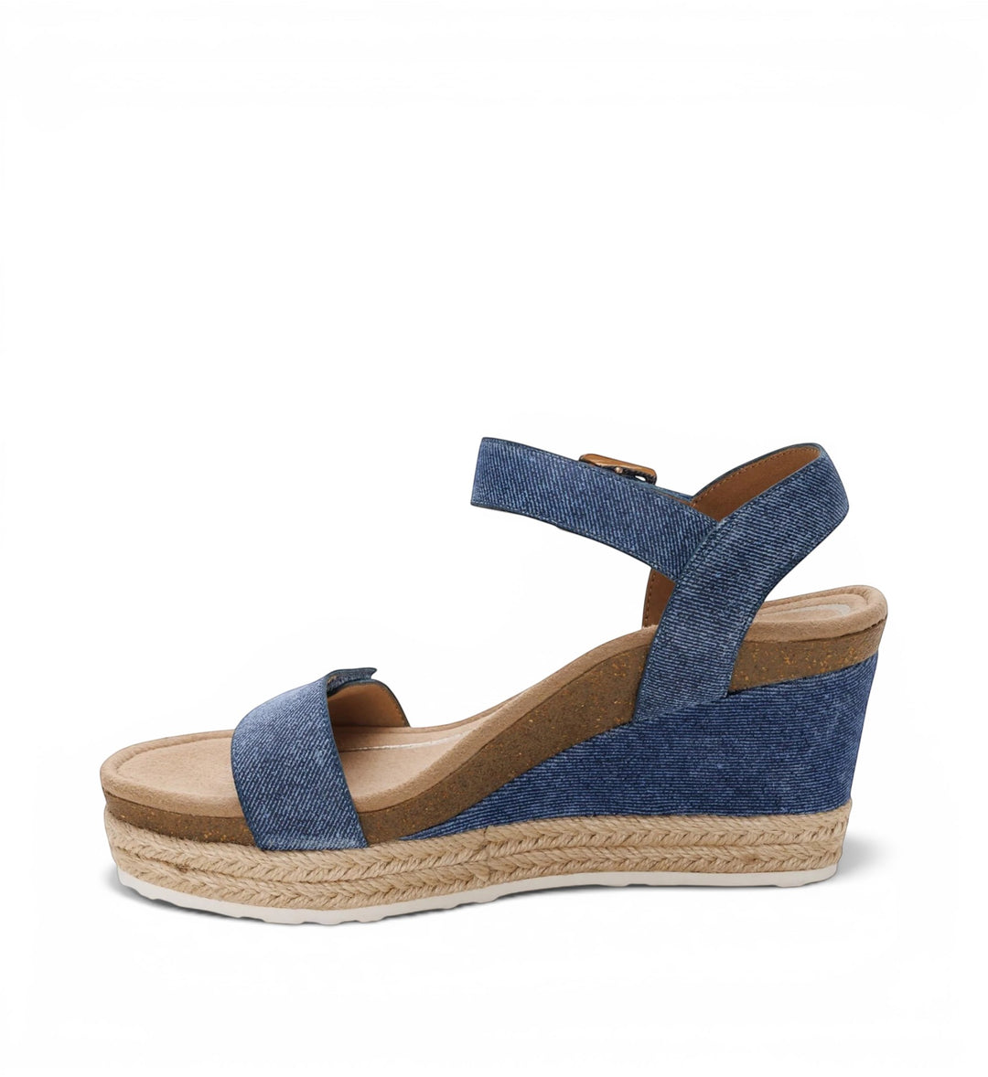 House of Florian Sydney Denim wedge sandals featuring a blue fabric upper, ankle strap, and braided jute midsole.