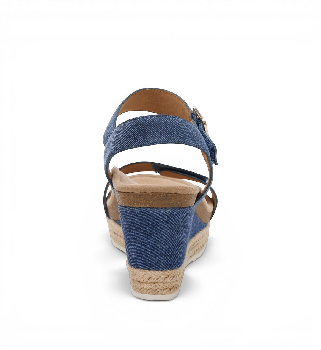 House of Florian Sydney Denim wedge sandals featuring a blue denim upper and a braided jute espadrille heel