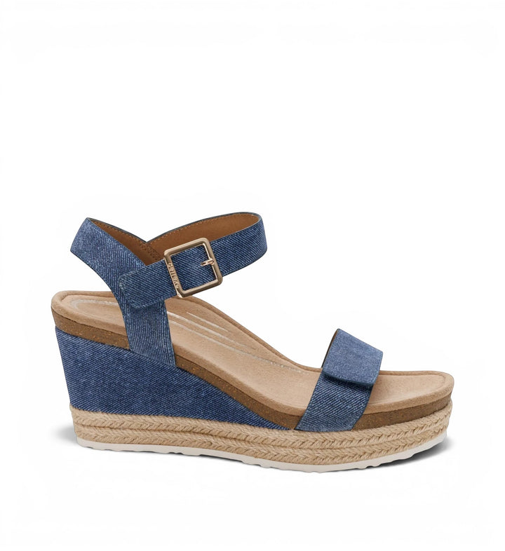 House of Florian Sydney Denim wedge sandals featuring blue denim fabric, an ankle strap, and a jute-wrapped platform.